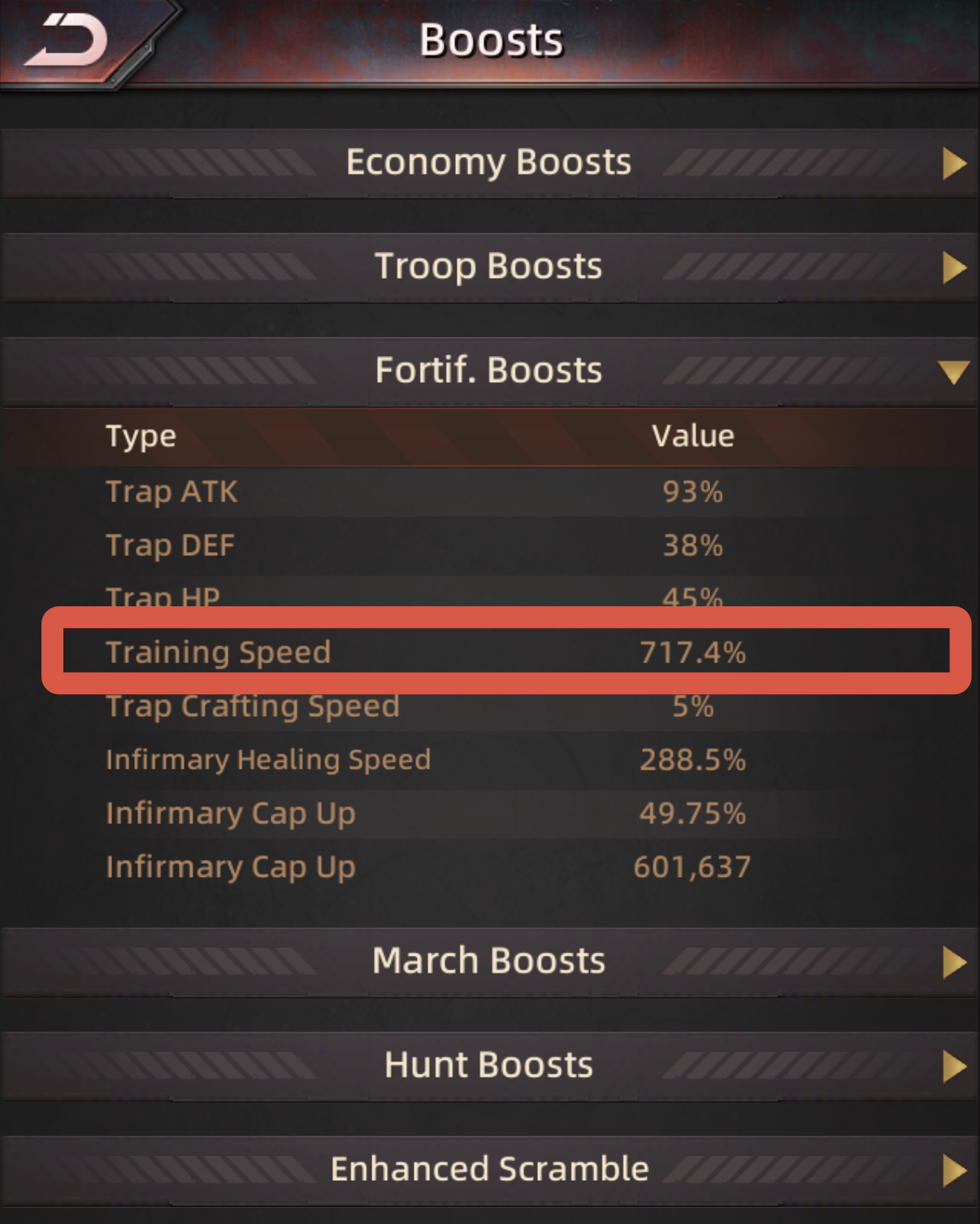 In-game Boosts screen with Fortif. Boosts expanded, highlighting the Training Speed value